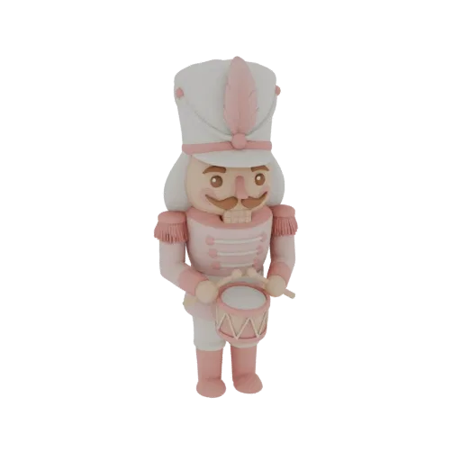 3D model of a pink nutcracker drummer wearing a white hat with a pink feather, holding drumsticks and a drum.