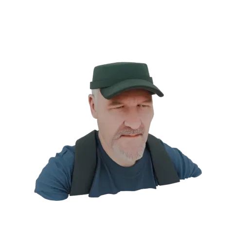 3D model of a man wearing a green cap and a backpack, with a graying beard and a blue t-shirt.
