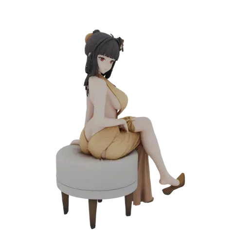 3D model of an elegant woman with dark hair and red eyes, wearing a golden halter dress, sitting gracefully on a light grey o
