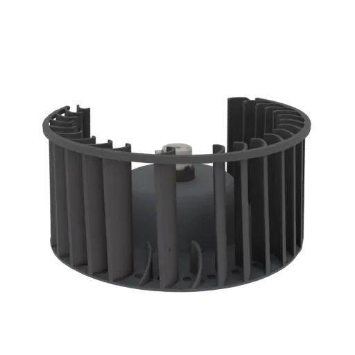 3D model of a gray centrifugal fan impeller with multiple radial blades and a central hub.