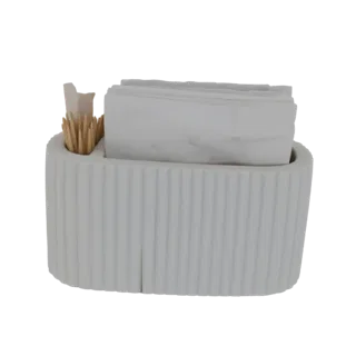 3D model of a white, fluted oval holder containing toothpicks and folded napkins, isolated on a white background.