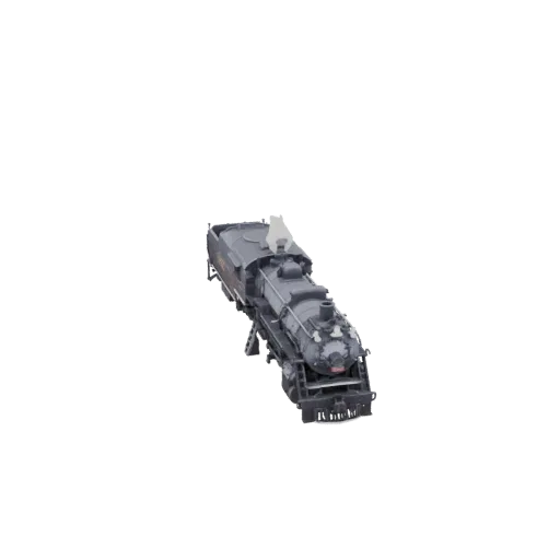 Un detallado modelo 3D de una locomotora de vapor antigua, gris oscuro, con su ténder, visto desde un ángulo ligeramente elev