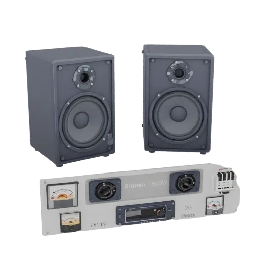3D model of acoustic system with two speakers, Bitman 1500W power supply, head unit, and two voltmeters