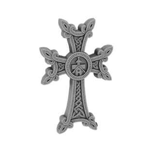 Um modelo 3D detalhado de uma cruz armênia ornamentada com intrincados nós celtas e um motivo central de igreja, renderizado