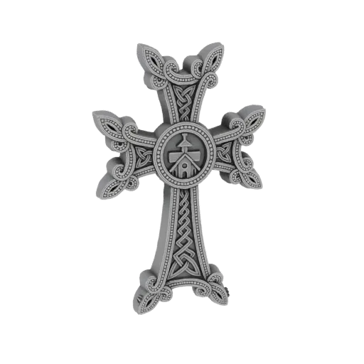 Un modelo 3D detallado de una cruz armenia ornamentada con intrincados nudos celtas y un motivo central de iglesia, renderiza
