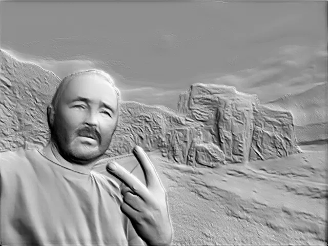 3D model of a bas-relief with a man showing a victory sign against a mountain landscape