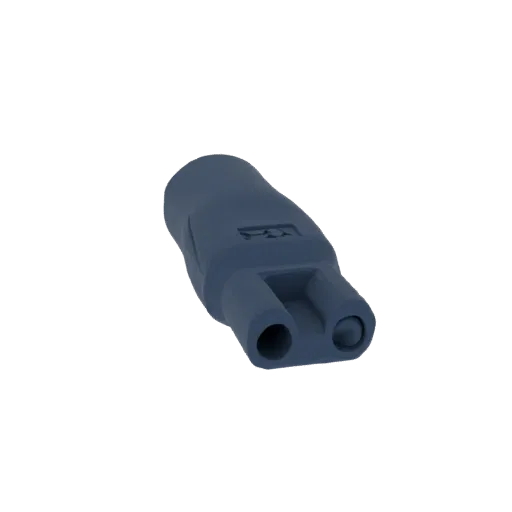 3D model of a dark gray power plug adapter with two parallel slots, isolated on a black background.