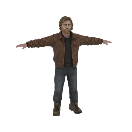 3D model of a man with brown hair and beard, wearing a brown jacket and jeans, in a T-pose.