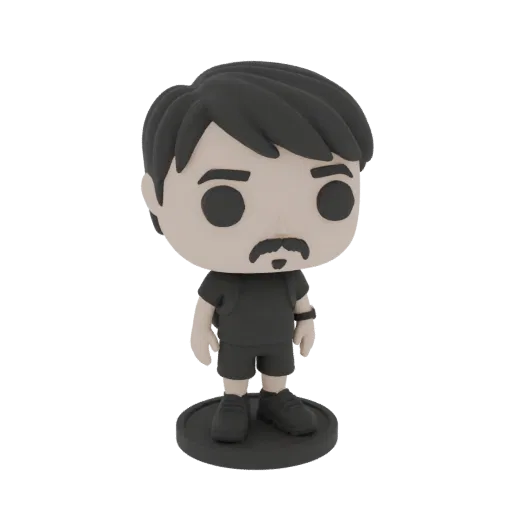 Modelo 3D de un hombre estilizado con bigote, vistiendo camiseta y pantalones cortos, de pie sobre una base circular negra, i
