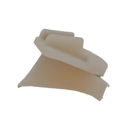 3D model of an abstract geometric sculpture with flowing curves and sharp planes, rendered in a matte, light beige color.