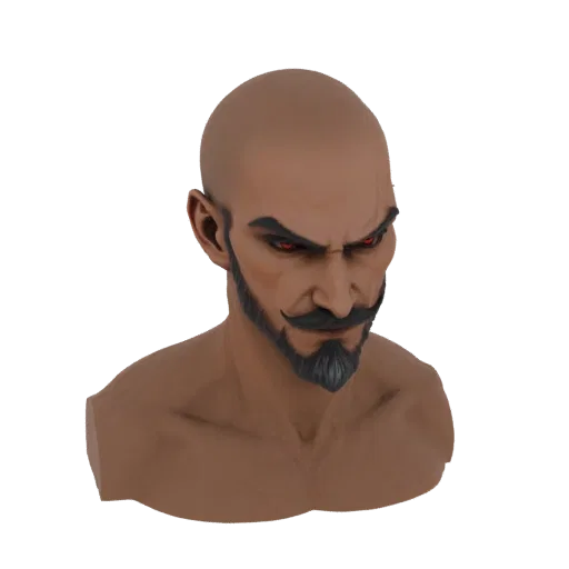 3D model render of a bald man's head and shoulders, featuring intense red eyes, a prominent mustache, and a goatee, against a