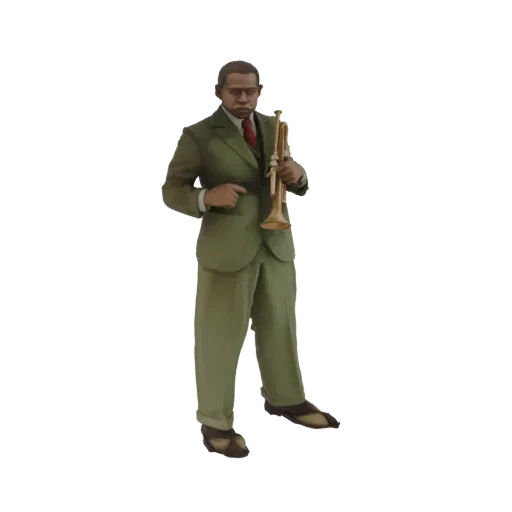 3D model of Louis Armstrong, the jazz musician, in a green suit holding a trumpet.