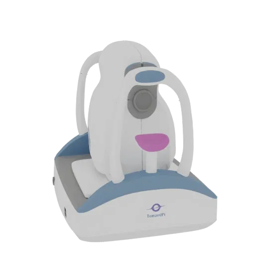 3D model of a white and blue ophthalmic tonometer with a pink chin rest and a gray viewing lens.
