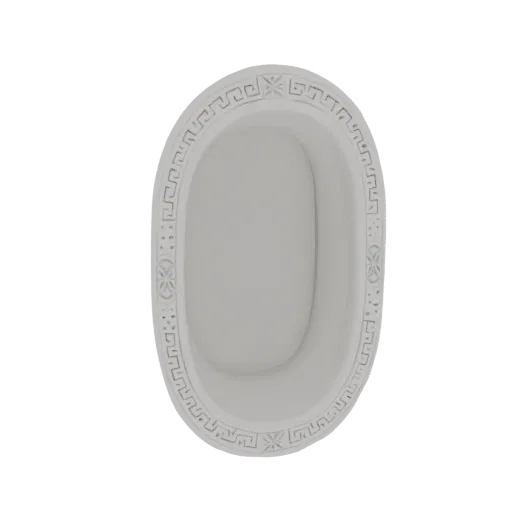 Top-down view of a 3D model of an ornate oval bathtub with Greek key and floral patterns on the rim.
