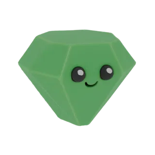 A 3D render of a cute green gemstone character with large black eyes and a smiling mouth, set against a white background.