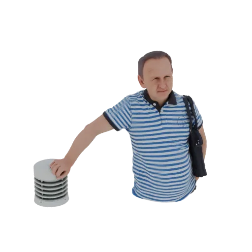 3D-Modell eines Mannes im gestreiften Poloshirt, der auf einer Wetterstation lehnt, mit einer Tasche über der Schulter.
