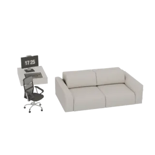 3D-Modell eines modernen beigen Sofas neben einem minimalistischen Schreibtisch mit Computermonitor, Tastatur und schwarzem B