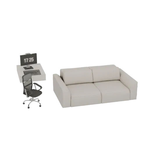 3D model of a modern beige sofa next to a minimalist desk with a computer monitor, keyboard, and black office chair.
