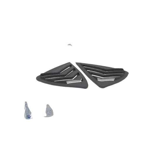 3D model of a pair of dark, angular car window louvers with a slatted design.