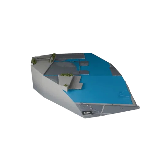 Flooded Street Environment Modular 3D model, isometric modular kit view, showing wet stone, layered vegetation clusters.