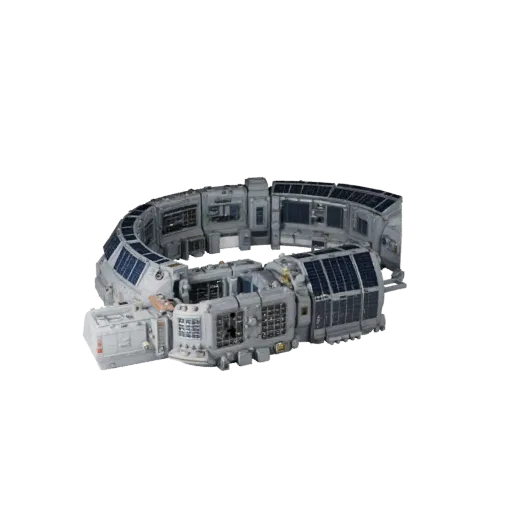 Research Station Corridor 3D model, three-quarter front view, Unity viewport, showing metal modules, form detail.