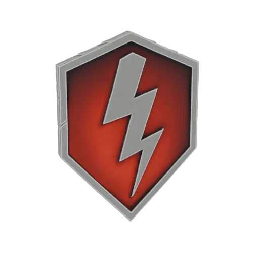 3D render of a hexagonal emblem with a red lightning bolt symbol and a metallic silver border, set against a black background