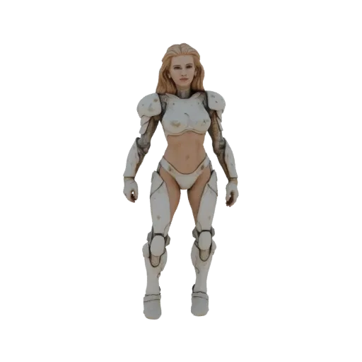 Modèle 3D d'une guerrière sci-fi aux cheveux blonds en armure blanche, sur fond noir.