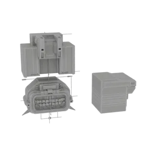 Modèle 3D d'un boîtier de connecteur automobile avec broches internes visibles, montré sous plusieurs vues orthographiques et