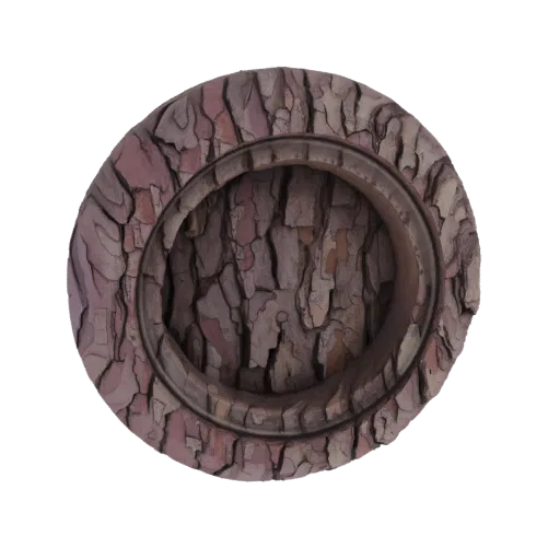 Modèle 3D d'un récipient rond avec une texture détaillée et réaliste d'écorce d'arbre, vu de dessus.