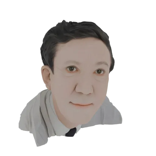 3D model of a stylized man with dark hair, wearing a light-colored shirt and a dark tie, looking forward with a slight smile.