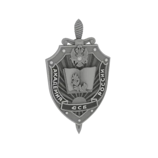 Modelo 3D del emblema de la Academia FSB, un escudo plateado con un libro abierto, corona de laurel y escudo de armas ruso.