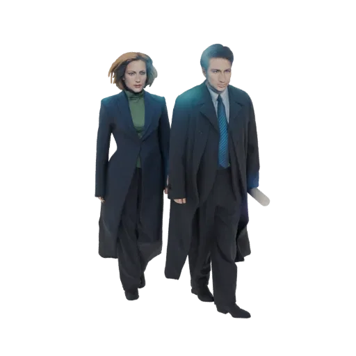 3D model of FBI agents Fox Mulder and Dana Scully standing side-by-side, dressed in dark suits and trench coats.