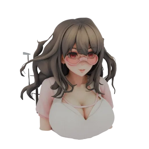 3D model render of an anime girl bust with long brown hair, pink goggles on her forehead, and a pink top.