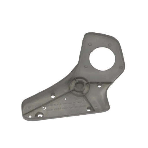 3D model of a gray plastic automotive seat bracket component with mounting holes and a central circular opening.
