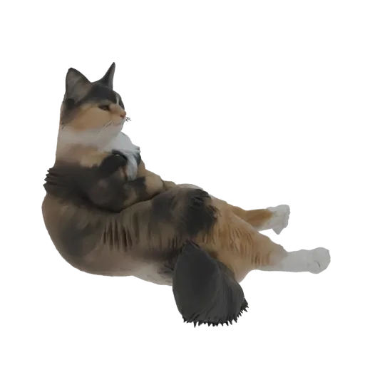 3D model of a calico cat lounging on a transparent background, showcasing its tri-color fur and relaxed pose.
