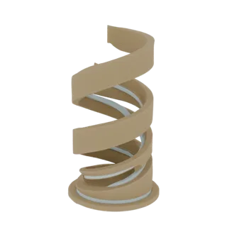 Un rendering 3D di un vaso moderno a spirale con esterno opaco beige e interno blu chiaro, su sfondo bianco.