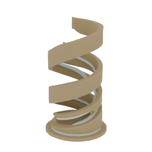 Un rendering 3D di un vaso moderno a spirale con esterno opaco beige e interno blu chiaro, su sfondo bianco.