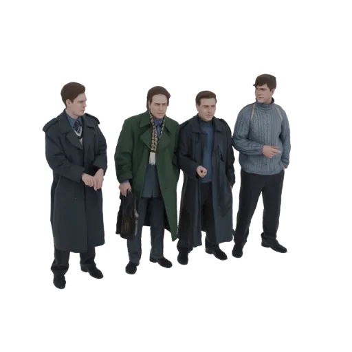 A 3D render of four men standing side-by-side, all wearing different styles of overcoats.