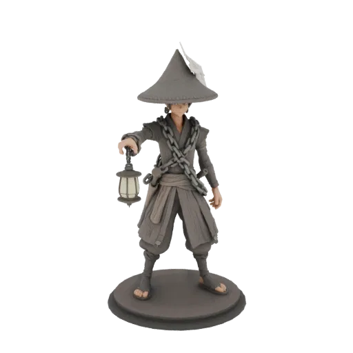 3D model of wanderer figurine in conical hat holding lantern on round platform