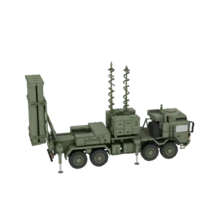 3D model of a green mobile air defense system with a missile launcher and radar unit on a truck chassis, isolated on a white