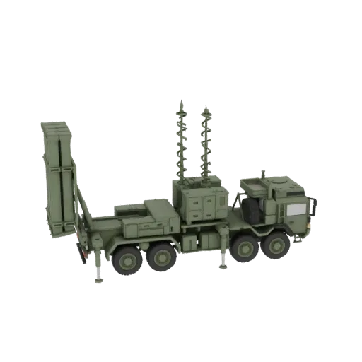 3D model of a green mobile air defense system with a missile launcher and radar unit on a truck chassis, isolated on a white
