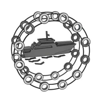 Modello 3D di una nave navale moderna grigia racchiusa all'interno di una struttura ad anello circolare orbitante fatta di an