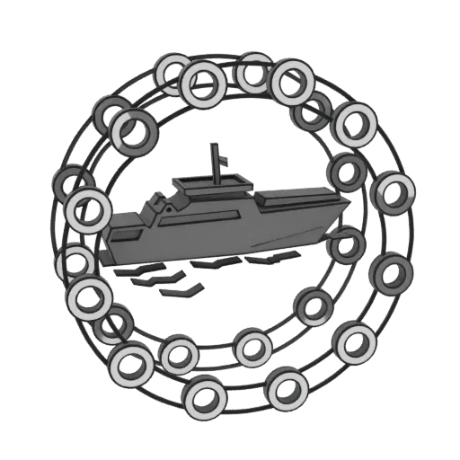 Modello 3D di una nave navale moderna grigia racchiusa all'interno di una struttura ad anello circolare orbitante fatta di an