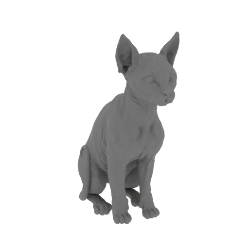 3D model of a grey Sphynx cat sitting, viewed from the side.