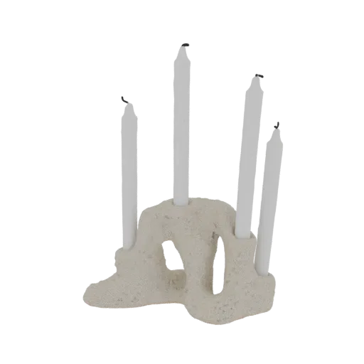 3D render of an abstract, beige candlestick holder with an organic, flowing shape, holding four white taper candles.