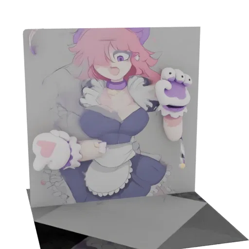 3D model render of an anime maid character with pink hair, purple eyes, and a blue and white maid outfit, holding a puppet.