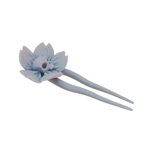 A 3D render of a gothic hairpin with a skull inside a lotus flower, presented in a soft blue-grey matte finish.