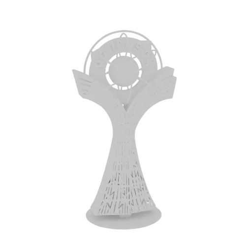 Rendu 3D blanc d'un trophée abstrait futuriste avec un emblème circulaire en haut et une base complexe ajourée.