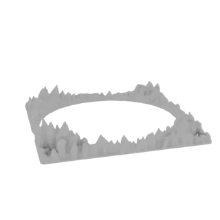 3D-Modell eines kreisförmigen Geländesockels mit scharfem, gezacktem, bergigem Außenrand, in neutralem Grau gerendert.