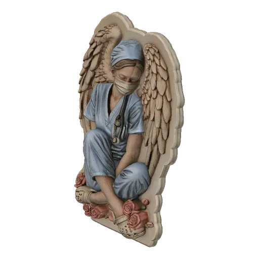 3D model of a sleeping nurse angel wall plaque with wings and roses, rendered in a neutral tone.